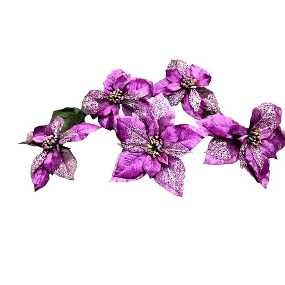 PACK OF 5 CHRISTMAS DECOR ARTIFICIAL FLOWERS 16" PURPLE POINSETTIAS